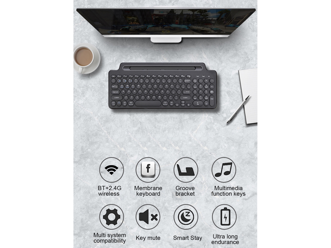 Teclado Sem Fio EOOCOO (conexão 2.4ghz + Bluetooth, slot para cartão)