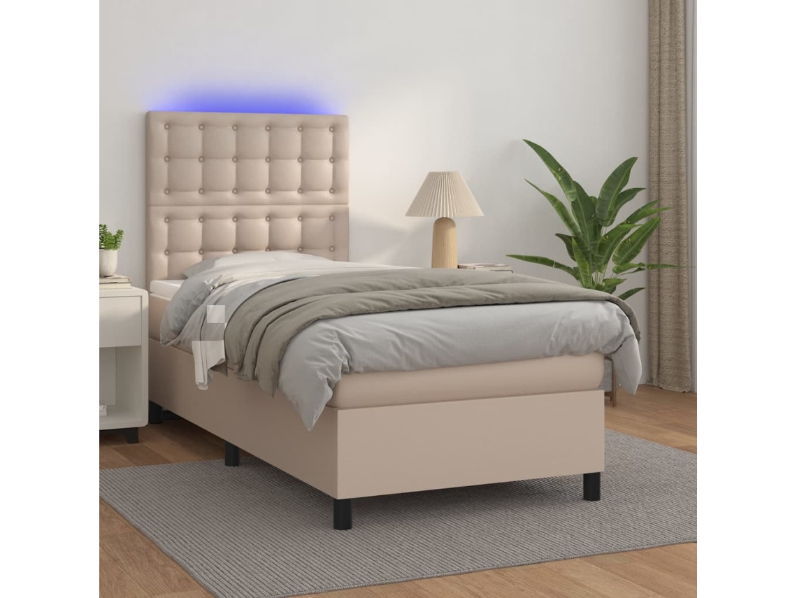 Vidaxl Cama Box Spring C/colchão/led 100x200cm Couro Artif. Cappuccino