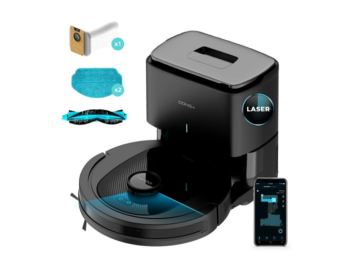 Robô Aspirador Conga 7490 Ultimate X-Treme com Tecnologia de Navegação Laser e Base de Autoesvaziamento Limpeza 4 em 1: Varre Aspira Lava O CECOTEC