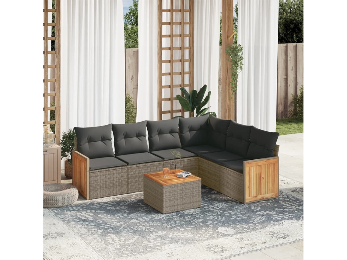 Vidaxl 7 Pcs Conjunto Sofás P/ Jardim C/ Almofadões Vime Pe Cinzento