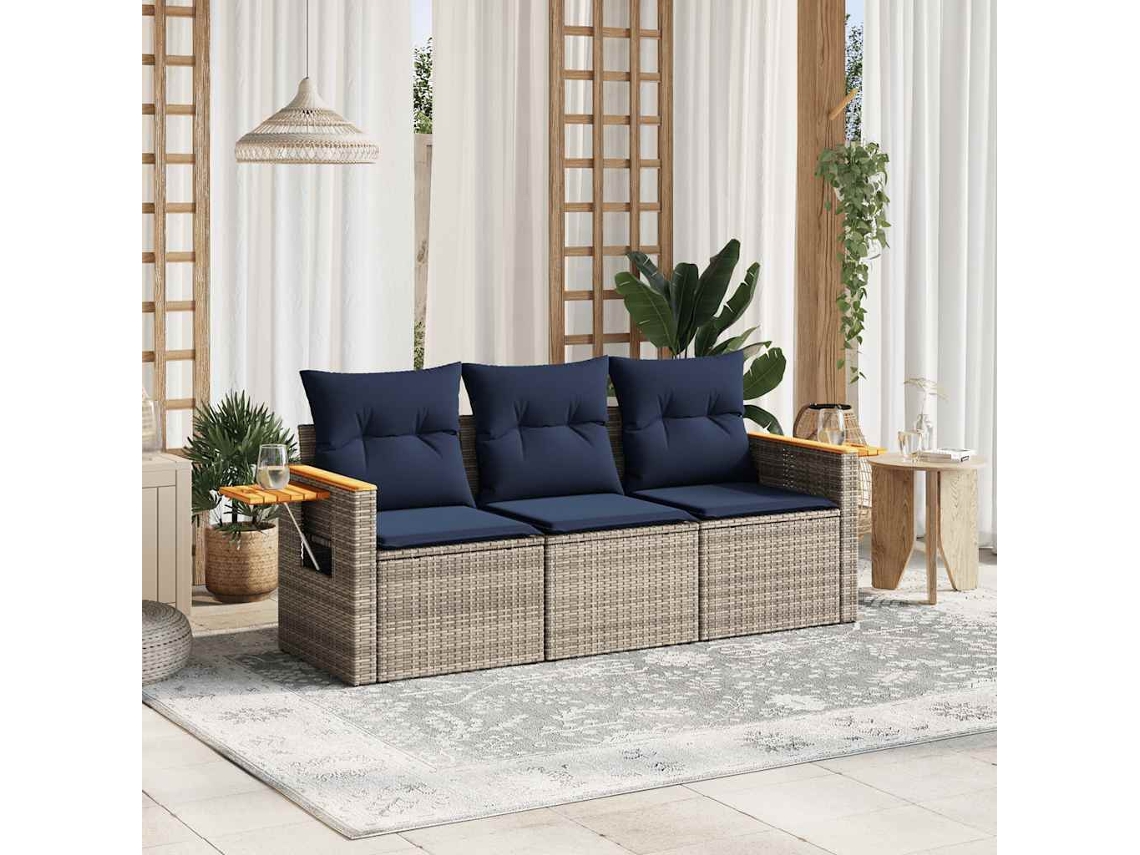 Vidaxl 3 Pcs Conjunto Sofás De Jardim C/ Almofadões Vime Pe Cinzento