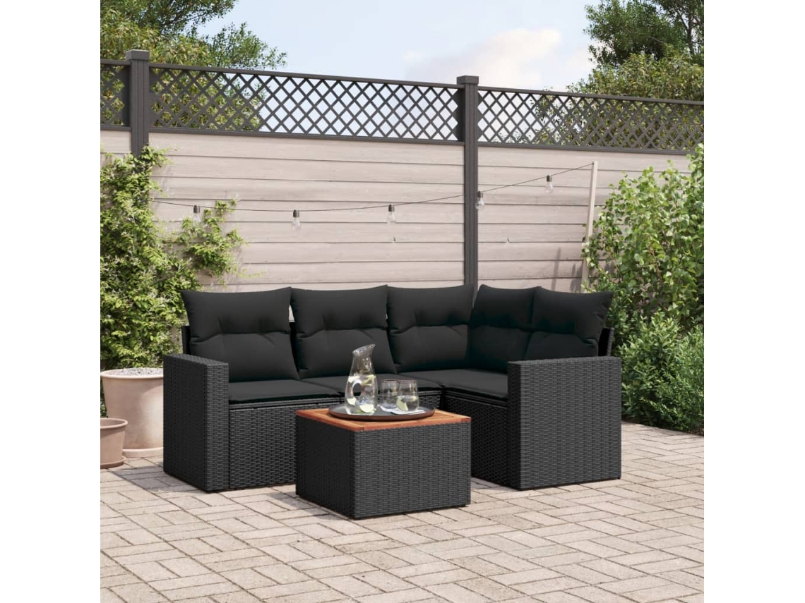 Vidaxl 5 Pcs Conjunto Sofás De Jardim Com Almofadões Vime Pe Preto