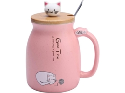 Caneca de cerâmica fofa com tampa em formato de gato e colher de aço inoxidável para café, chá e leite, 380ml