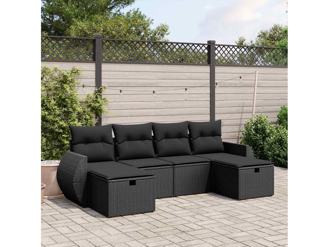Vidaxl 6 Pcs Conjunto Sofás De Jardim C/ Almofadões Vime Pe Preto