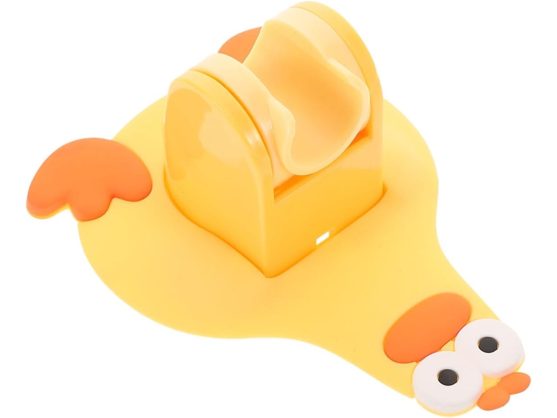 Suporte ajustável para chuveiro de mão com design animado e fixação adesiva na parede, feito de plástico resistente.