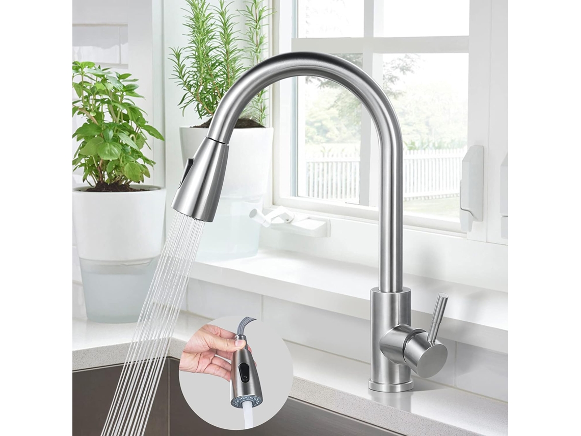 Torneira De Cozinha, Aço Inoxidável 304 Com Ducha Extensível E Bica Dupla