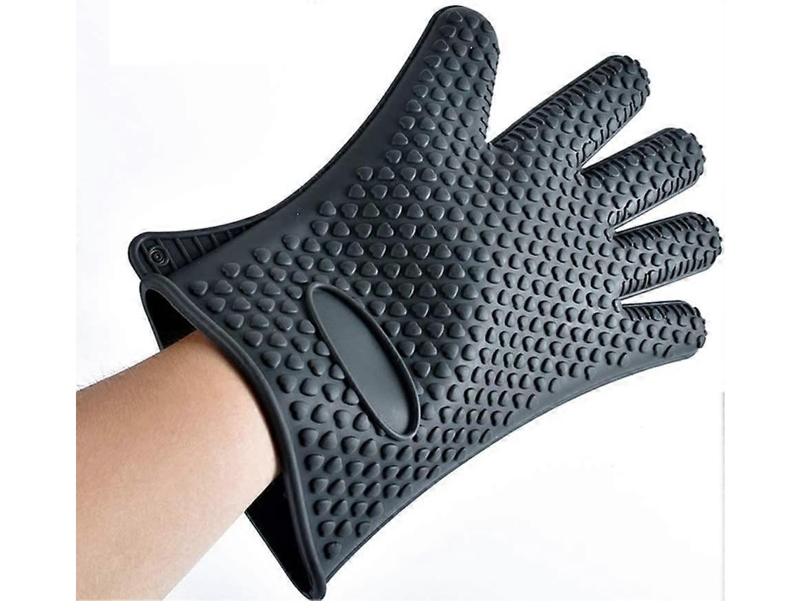 Luva de forno de silicone com estampa de coração em cor sólida, resistente ao calor, para cozinha, churrasqueira e forno, nas cores laranja e preta.