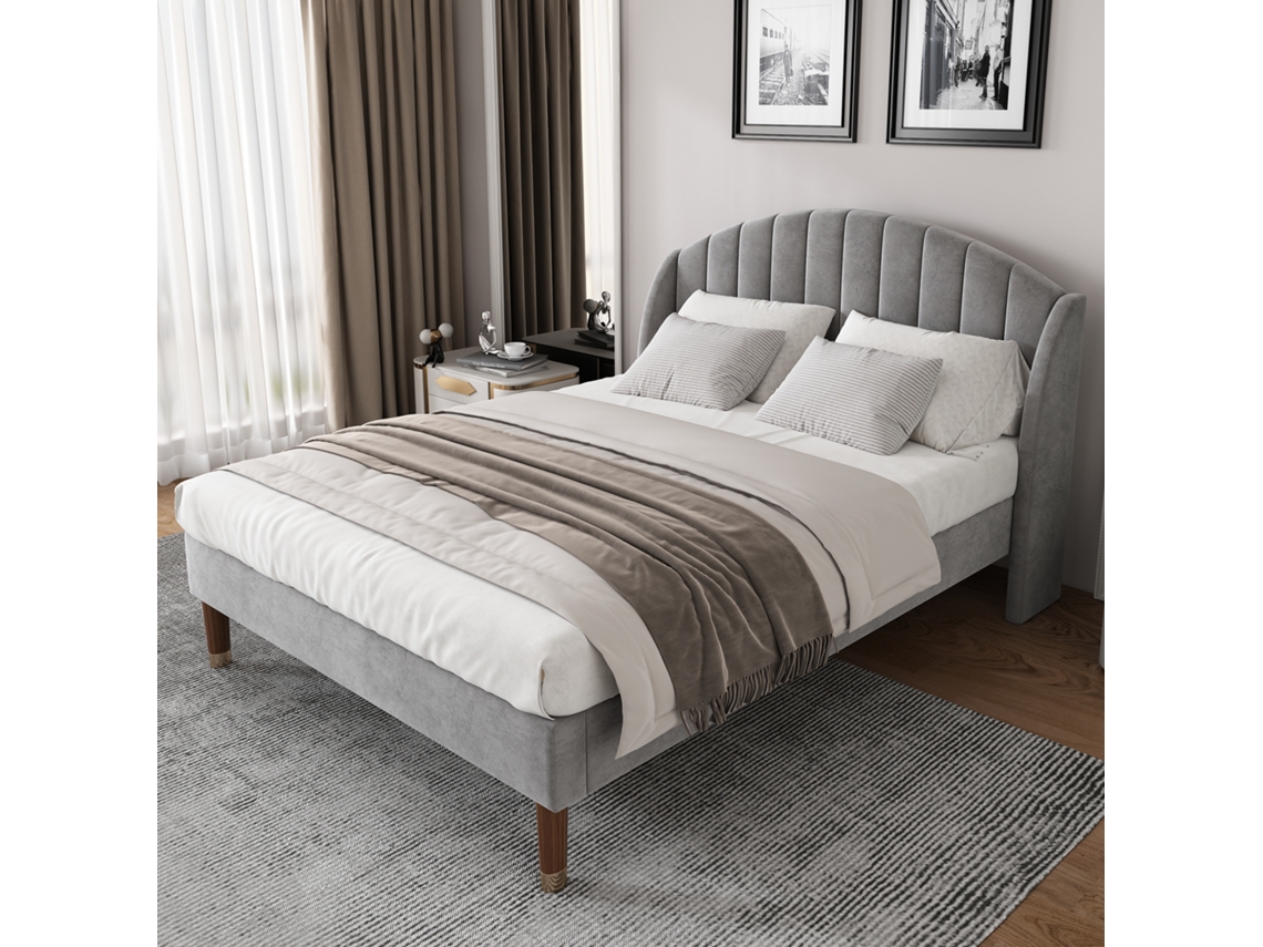 Cama Estofada 160x200 Com Estrado E Cabeceira, Para Jovens E Adultos, Suporte De Ripas De Madeira, Montagem Fácil, Veludo Cinza.