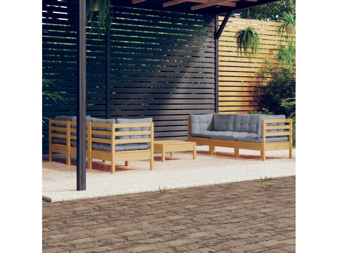 Vidaxl 7 Pcs Conjunto Lounge De Jardim C/ Almofadões Cinzentos Pinho
