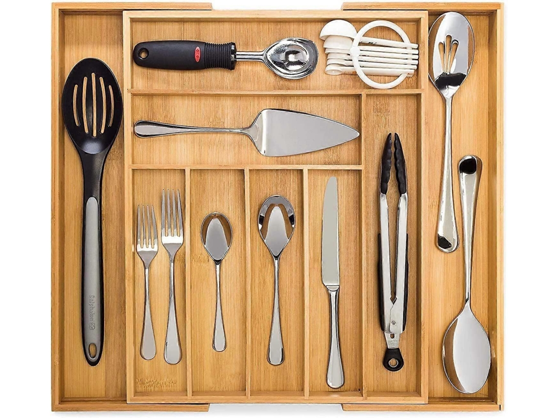 Organizador de Cubiertos de Bambú Expandible, 7 Compartimentos, Sistema Compacto para Cajones de Cocina