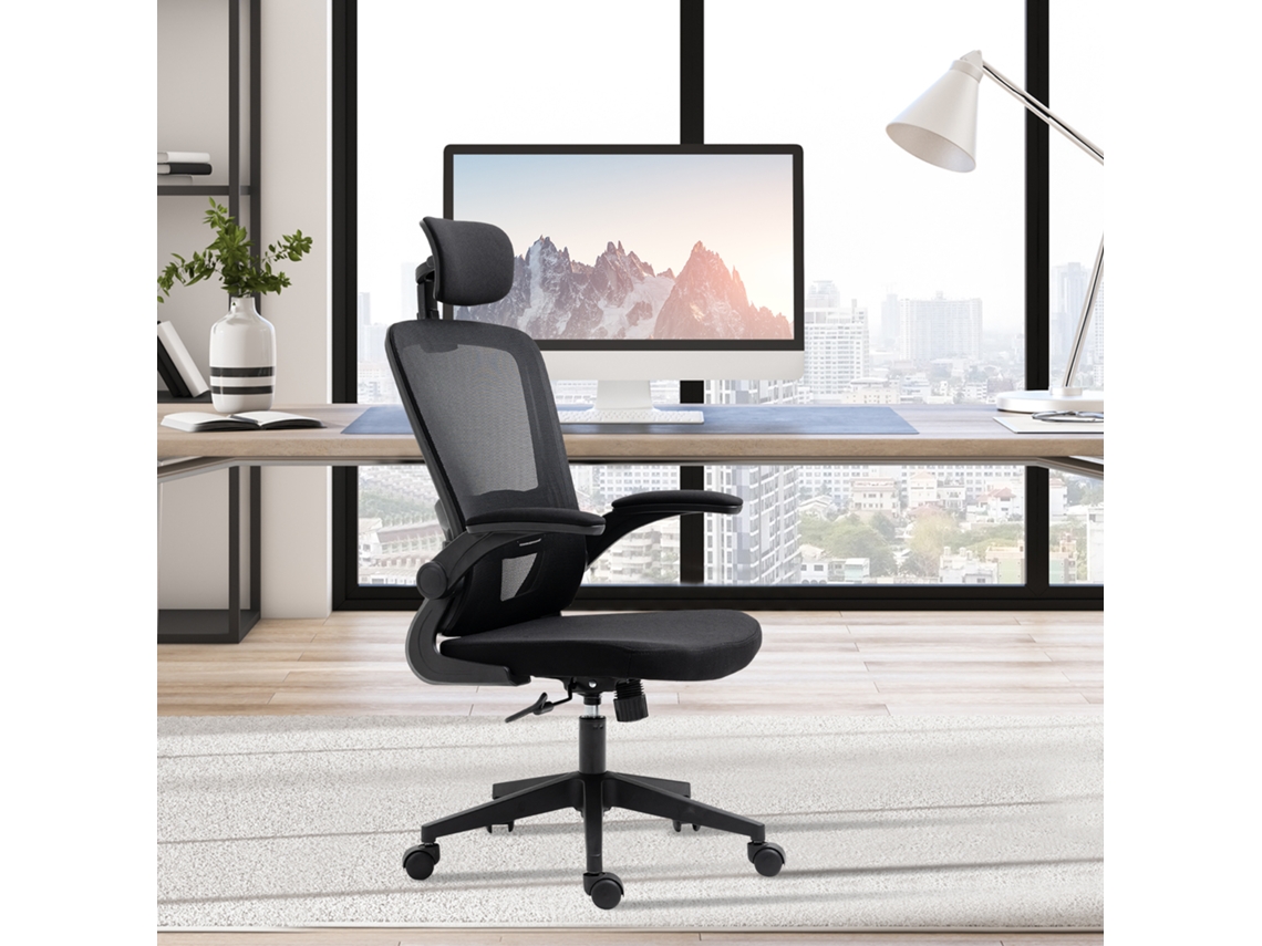 Cadeira De Escritório De Malha Ergonómica De Com Altura Ajustável Apoio Para Os Braços Dobrável Para A Cabeça E Suporte Lombar 65x64x114-122cm Preto