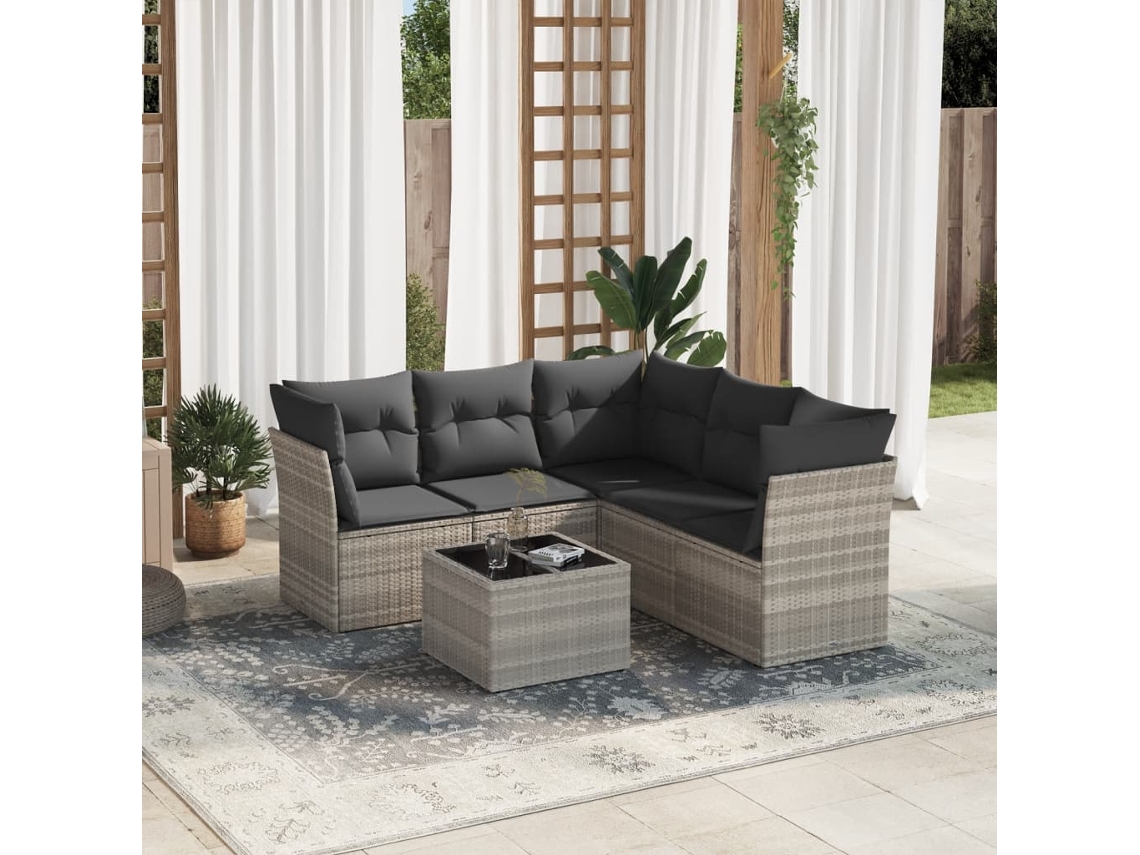 Vidaxl 6 Pcs Conj. Sofás Jardim Com Almofadões Vime Pe Cinzento-claro