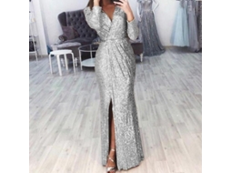 Vestido longo Sequoia 2026 com decote em V profundo e fenda lateral para festas e ocasiões formais, tamanho P, branco.