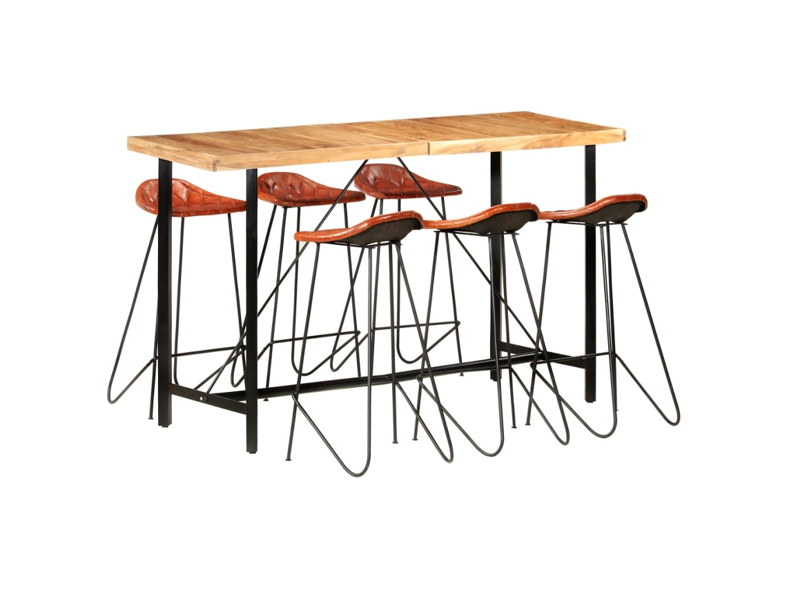 Vidaxl 7 Pcs Conjunto De Bar Madeira Maciça E Couro Genuíno