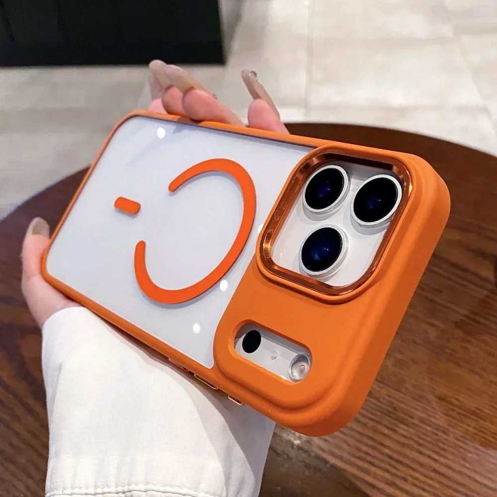 (laranja, Iphone 16e) Caso De Telefone Rígido Transparente Com Proteção Anti-choque De Carregamento Sem Fio De Sucção Magnética