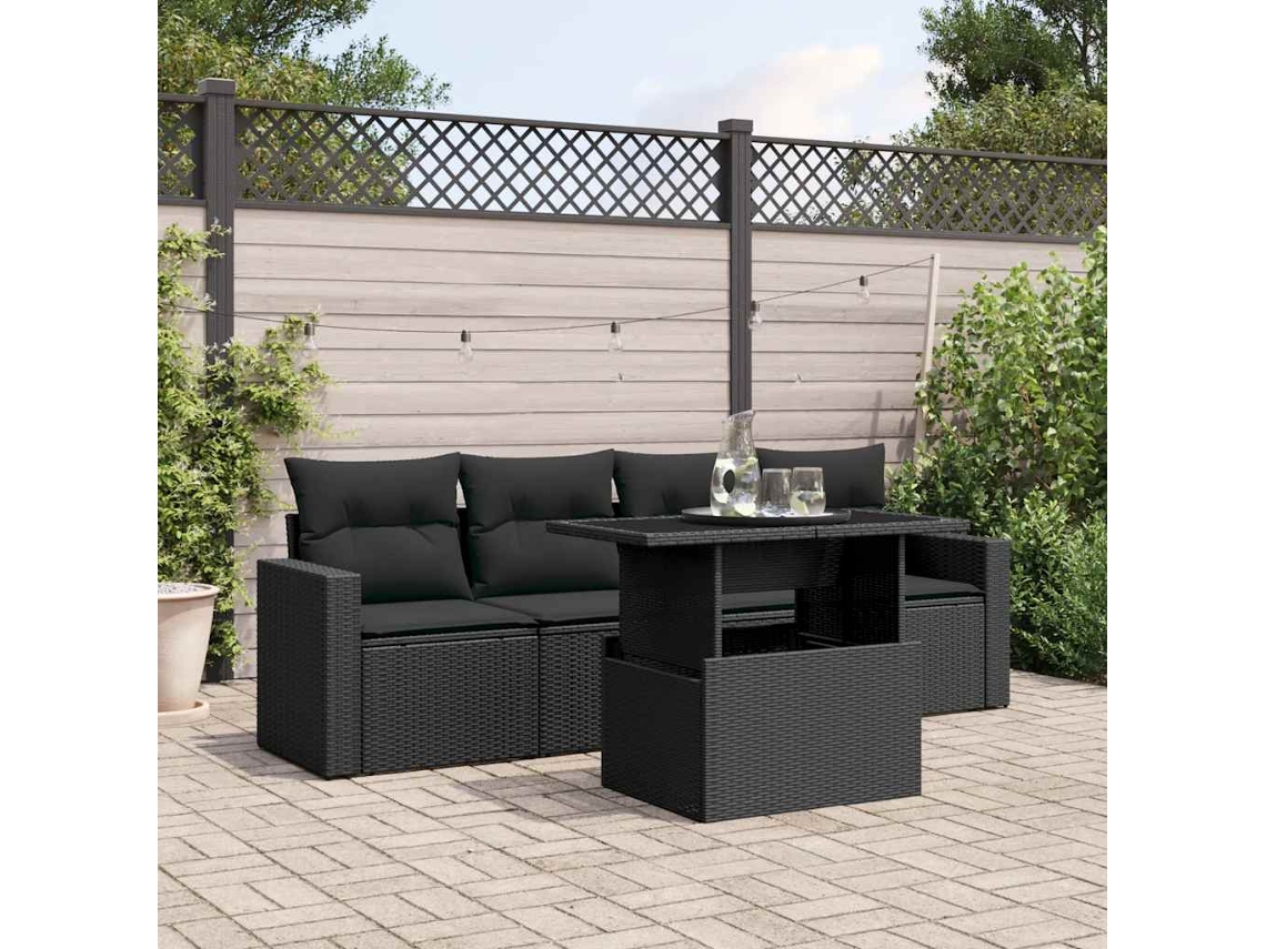 Vidaxl 5 Pcs Conjunto Sofás De Jardim Com Almofadões Vime Pe Preto