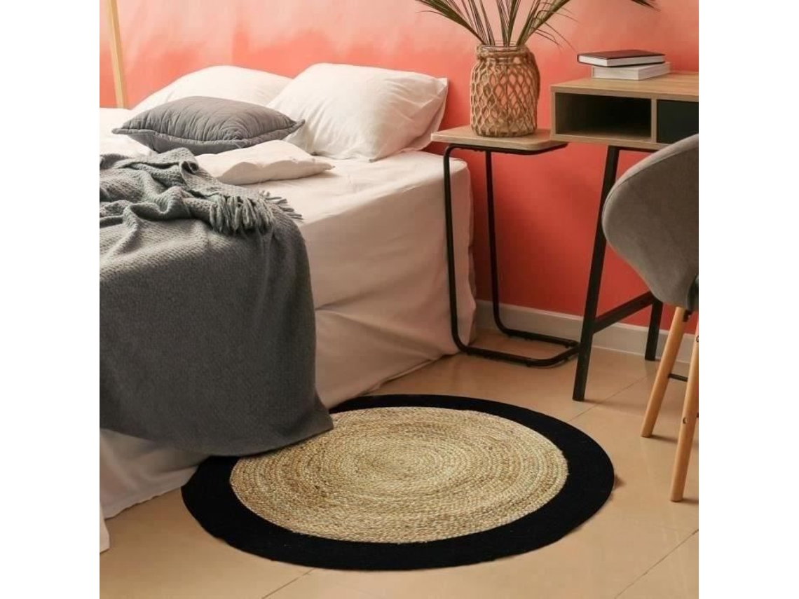 Tapete - A Fábrica De Decoração - Ronda De Juta Engraçada - Diâmetro 90 Cm - Juta/algodão - Faixa Preta