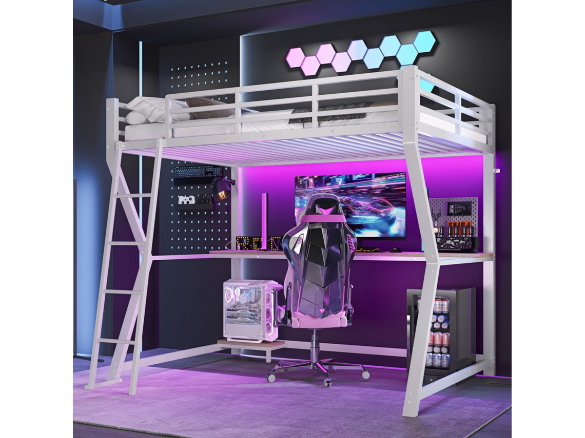 Hochbett 90x200cm Branco Com Led Mesa Usb Sem Colchão