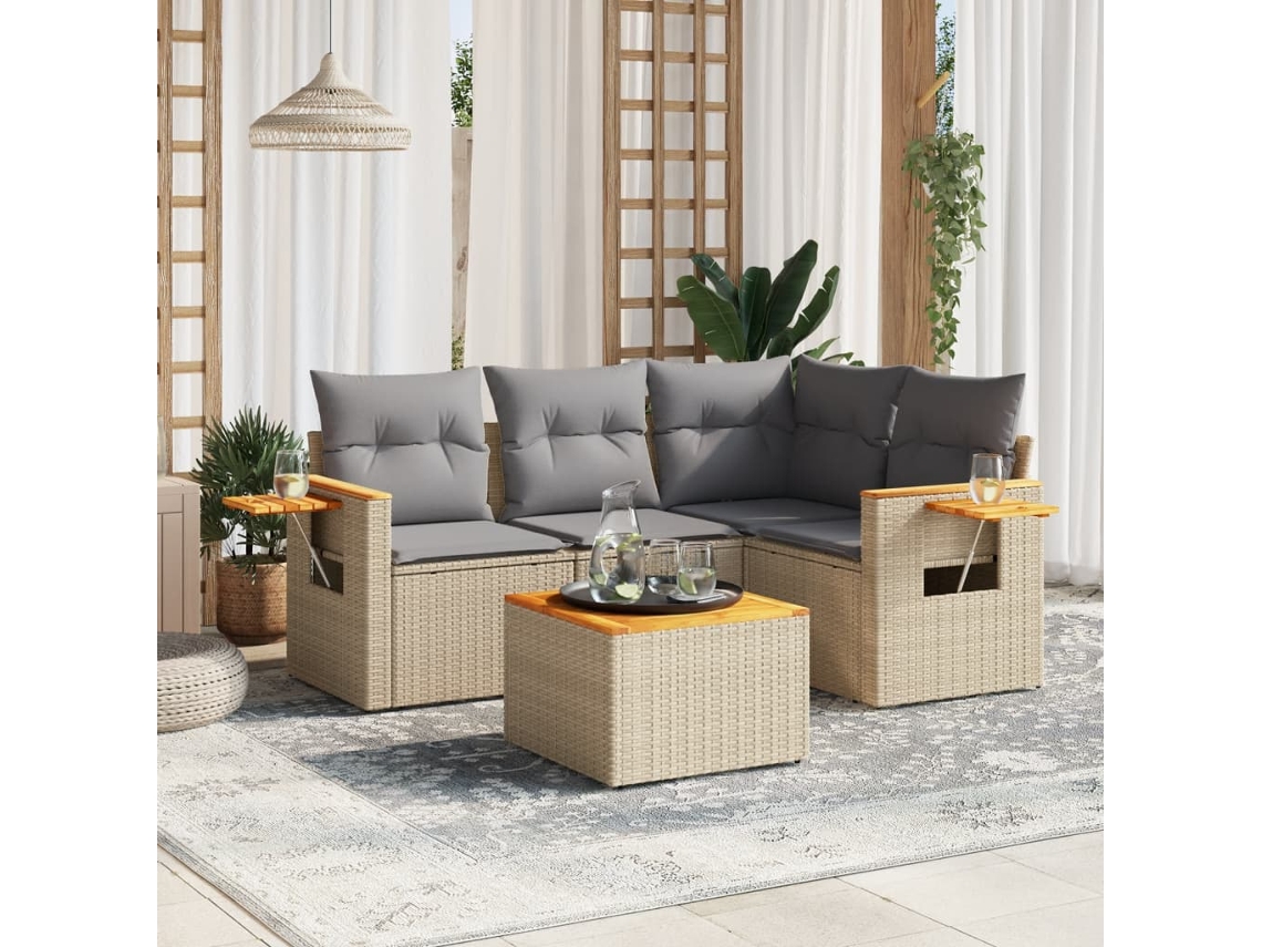 Conjunto de 5 Sofás para Jardim com Almofadas Vime Pe Bege Dkd Home Decor