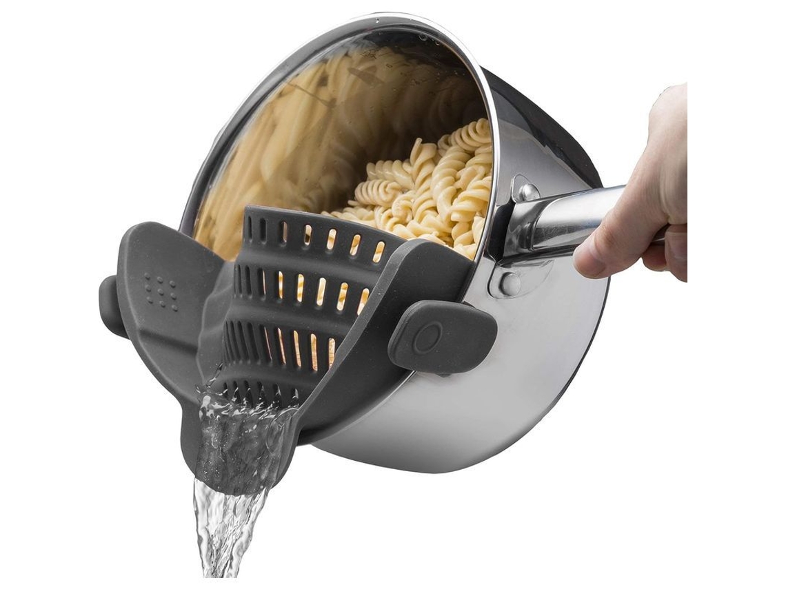 Escorredor de silicone com clipe, modelo 2026, compatível com panelas e tigelas, cinza.