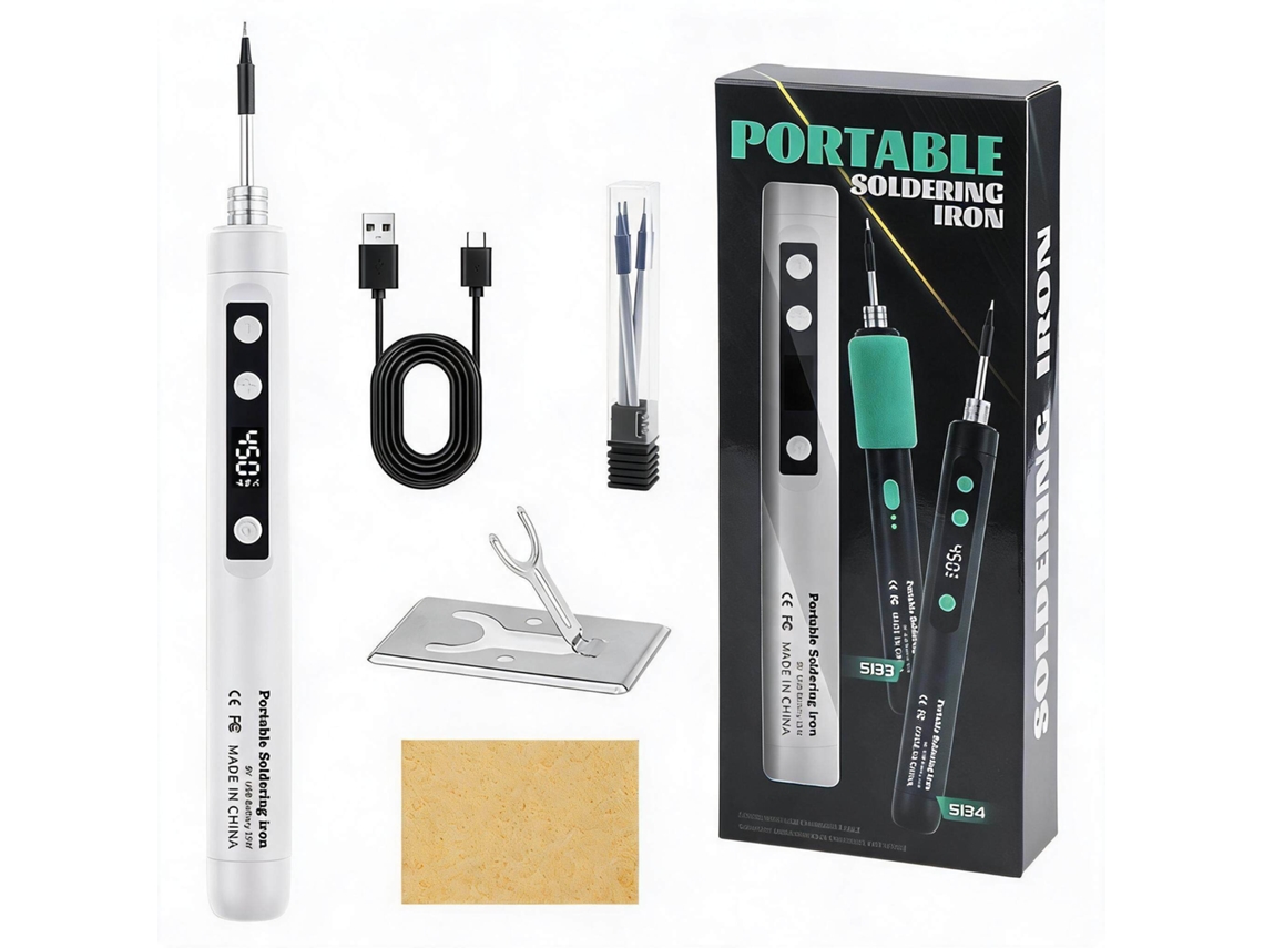 Ferro De Soldar 15w Portátil Recarregável Por Usb Temperatura Ajustável De 180°c A 450°c, 3 Pontas De Solda Digitallab branco