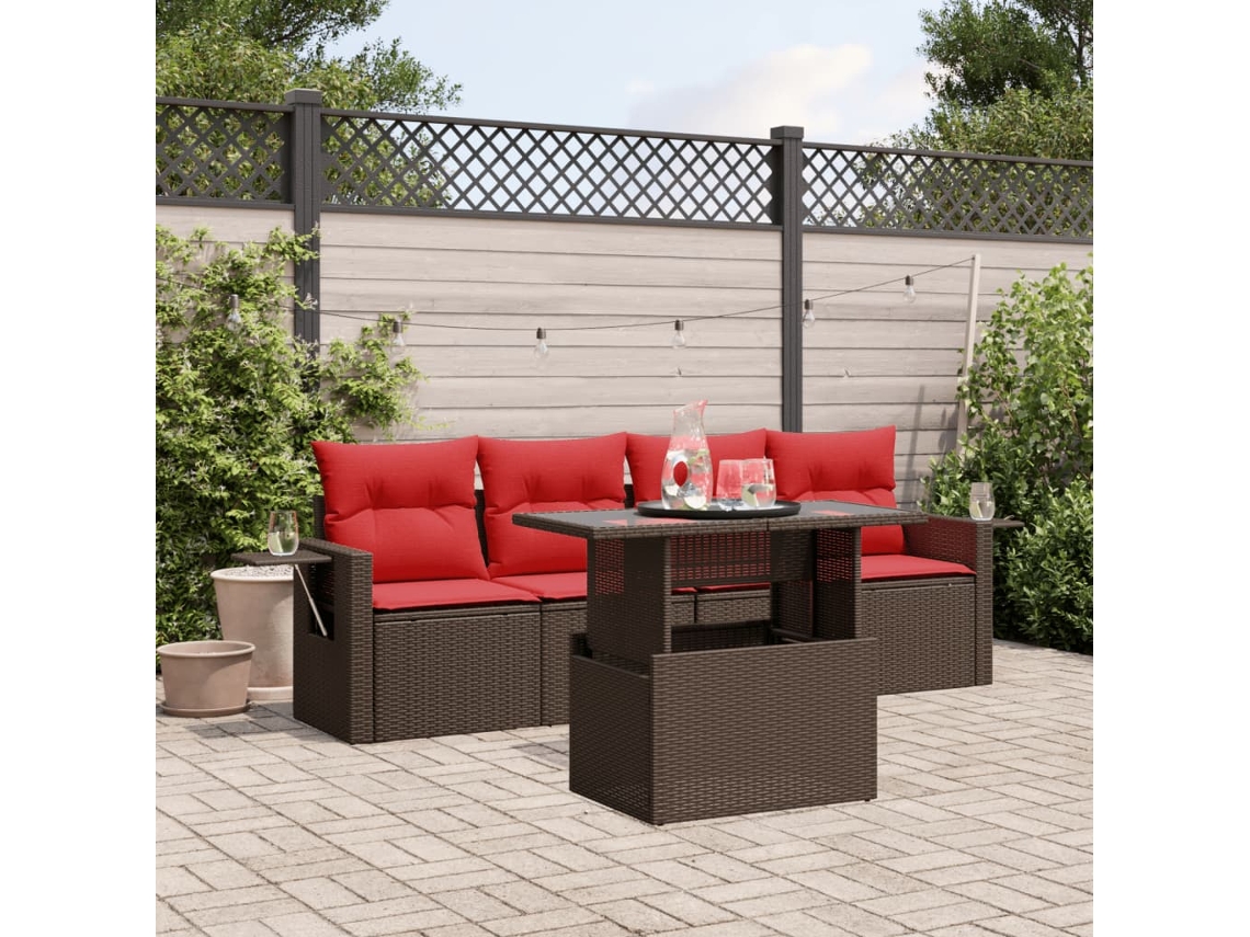 Vidaxl Conjunto De Sofá De Jardim De 5 Peças Com Almofadas Em Rattan Sintético Marrom