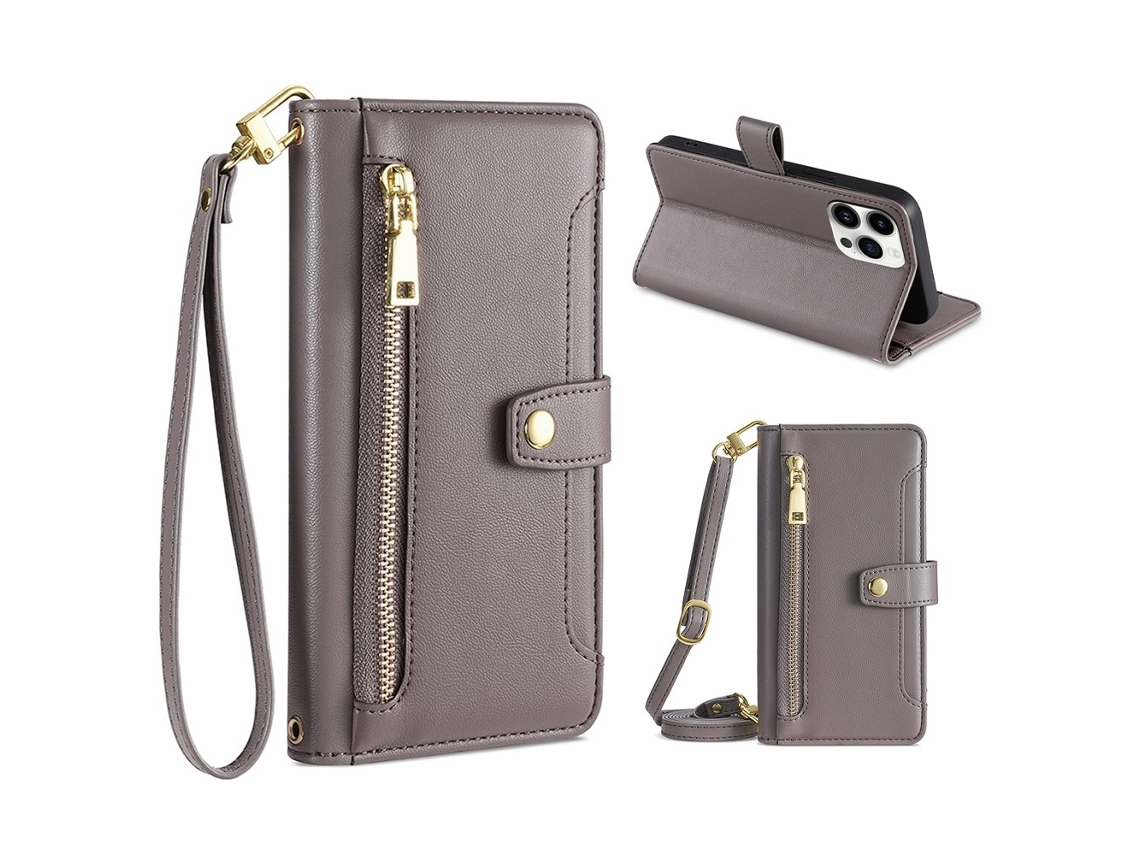 Capa Pega Para Iphone 15 Pro Max Pele Sintética Com Porta-cartões Cinzento