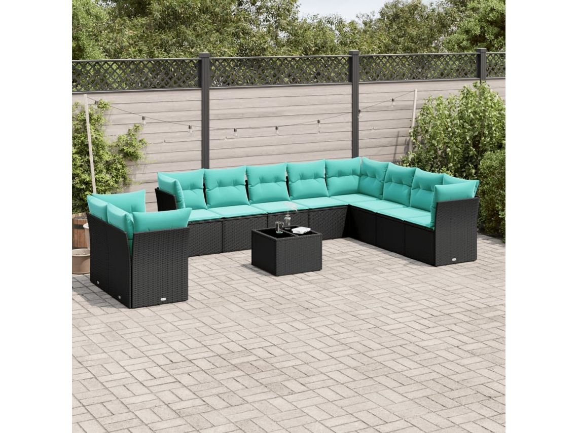 Vidaxl Conjunto De Sofá De Jardim Com 11 Peças E Almofadas Em Rattan Sintético Preto
