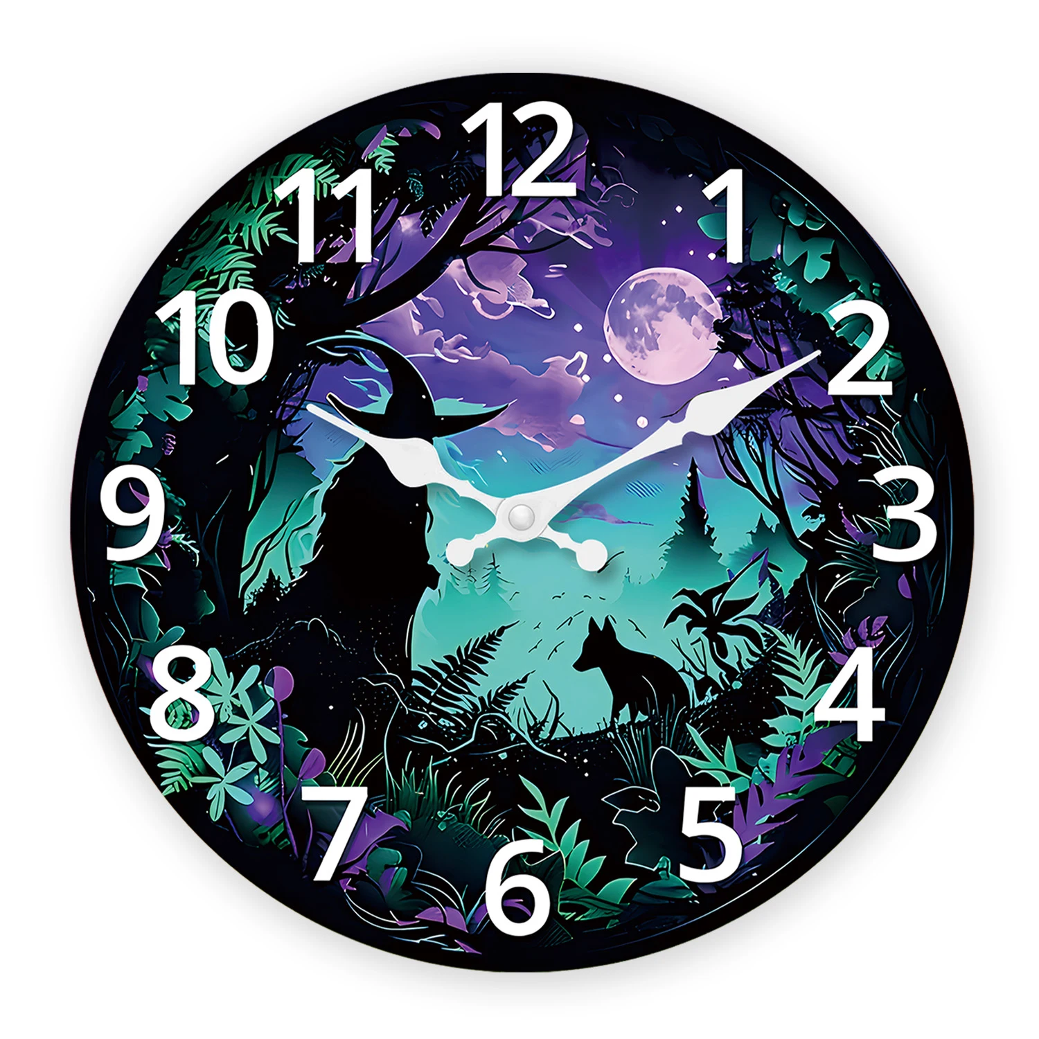 Relógio de parede de madeira com estampa neon "Lua e Floresta Two Dreams" (35,5 cm), relógio de quartzo silencioso.
