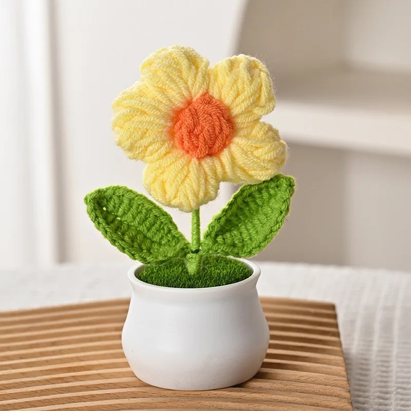 (amarelo, 1 Peça) Vaso De Flores Criativo Em Tricô, Mini Flor Artificial E Planta, Decoração De Casa Feita À Mão