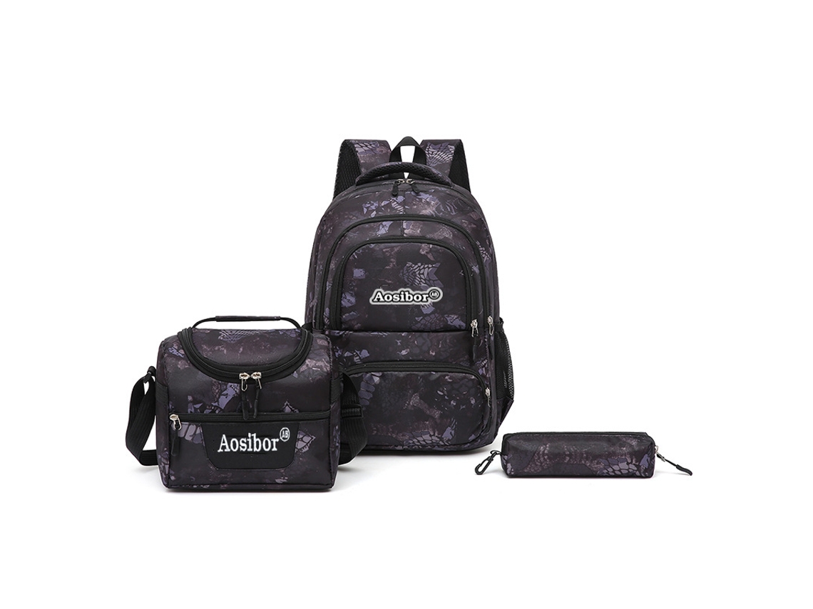 Conjunto De Mochila De Crianças, Mochila, Saco De Refeições, Caixa De Lápis, Adequado Para Alunos Da Escola Primária, Preto