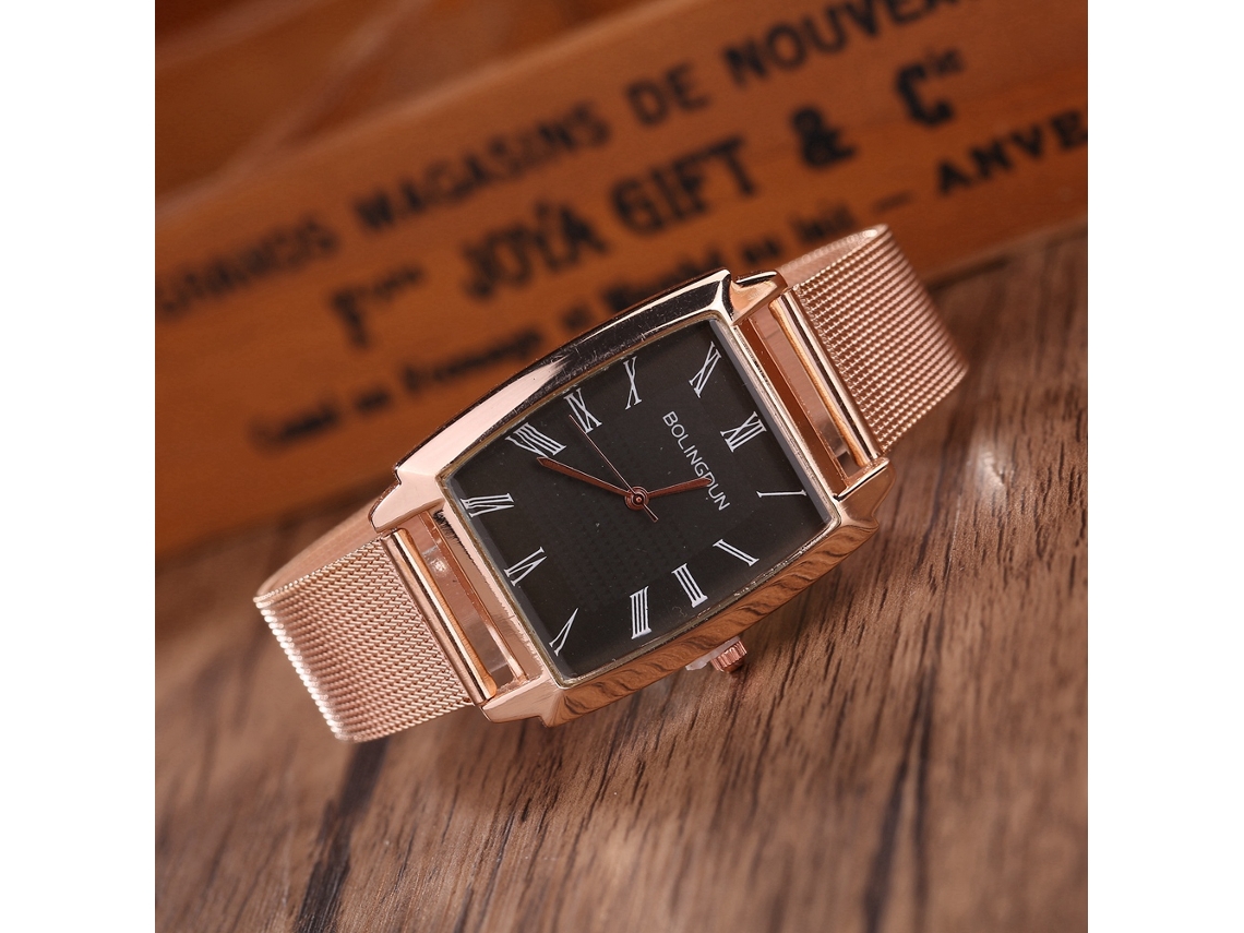 Reloj De Cuarzo Con Correa De Malla Para Hombre Y Mujer Dial Cuadrado Números Romanos Oro Rosa Y Negro