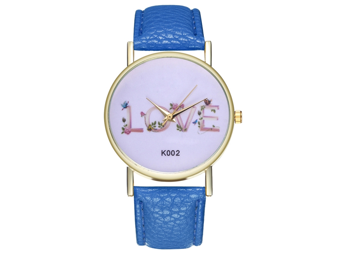 Relógio de pulso unissex em couro PU com letras "Love" e movimento de quartzo (azul royal)