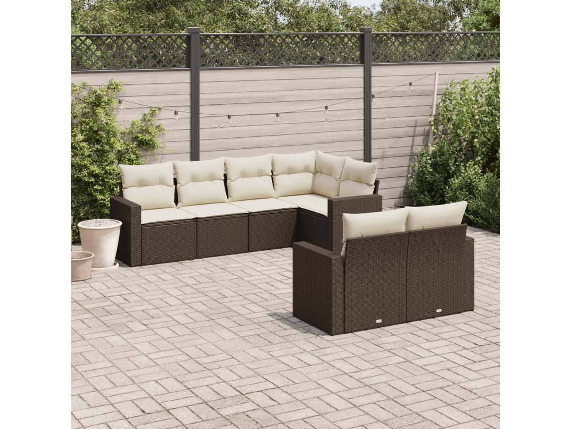 Conjunto de Sofás 7 Peças Jardim C/ Almofadões Vime Pe Castanho Dkd Home Decor