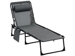 Espreguiçadeira Dobrável De Jardim - Cinza - 185x58x30 Cm - Com Encosto Ajustável Apoio Para A Cabeça Acolchoado Bolso Lateral