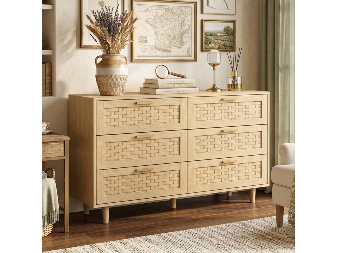 Cómoda de quarto com 6 gavetas em carvalho e rattan sintético, 115x40x80 cm LAZYSPACE