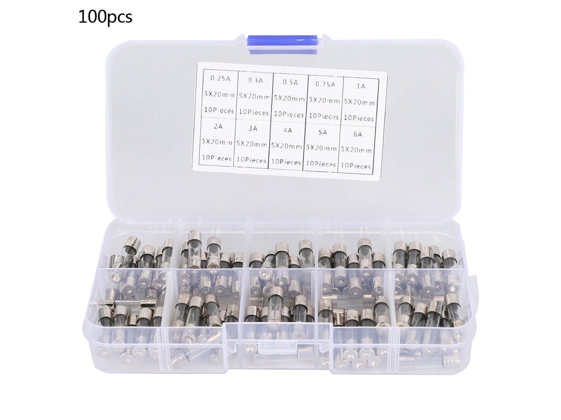 Kit de 100 Fusíveis de Vidro Tubular com Cabeça Plana 5x20mm 0,25a a 6a S/MARCA