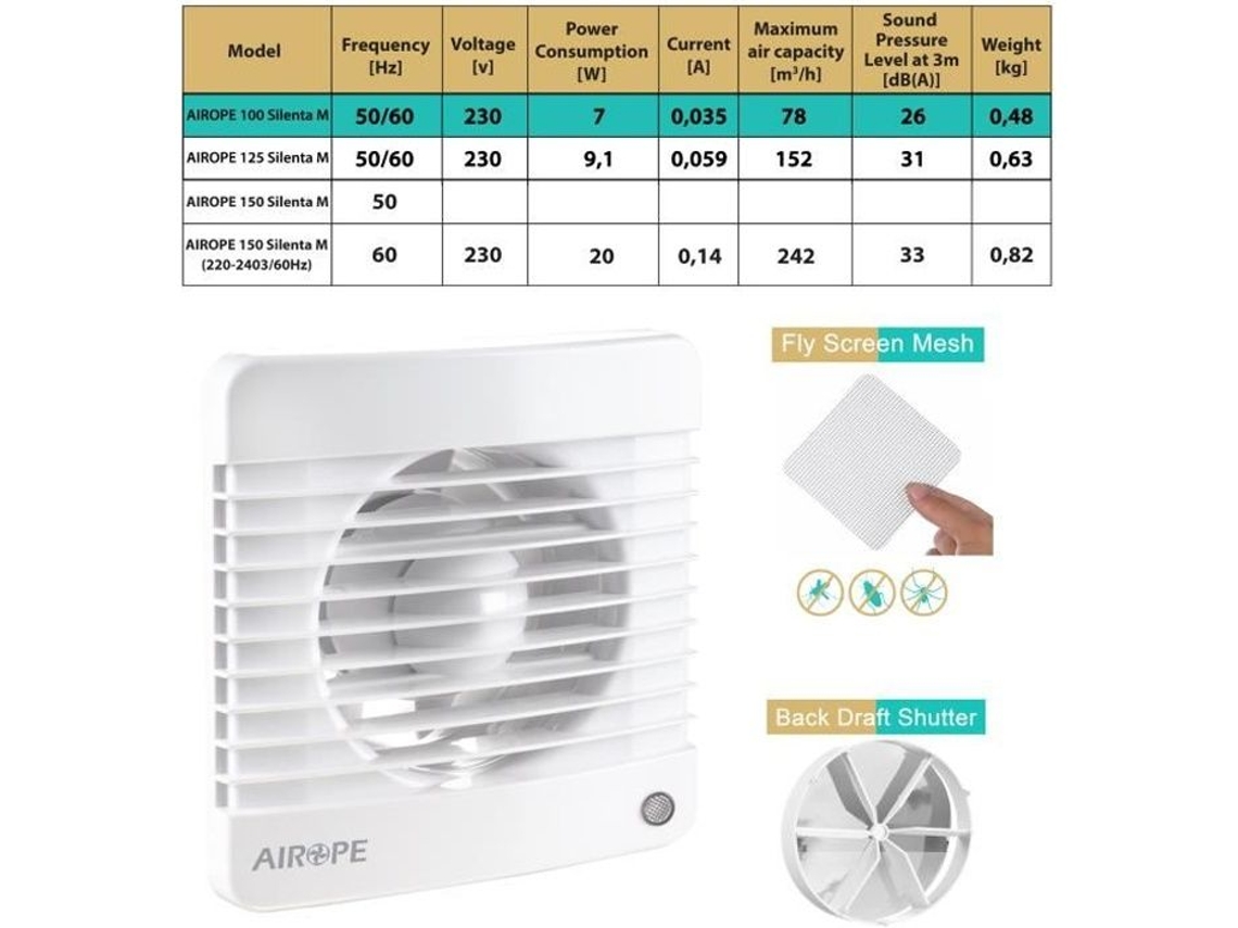 Airope, VMC, Ventilador 100 mm, Extrator de ar com válvula anti-retorno Rede mosquiteira integrada, 7 W, dB (A) 26, para banheiro
