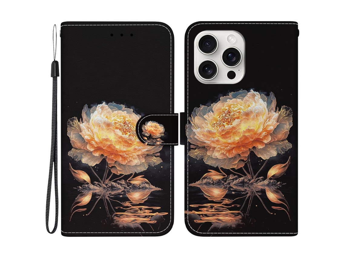 Capa Em Couro Pu Para Apple Iphone 16 Pro Max - Peónia Dourada
