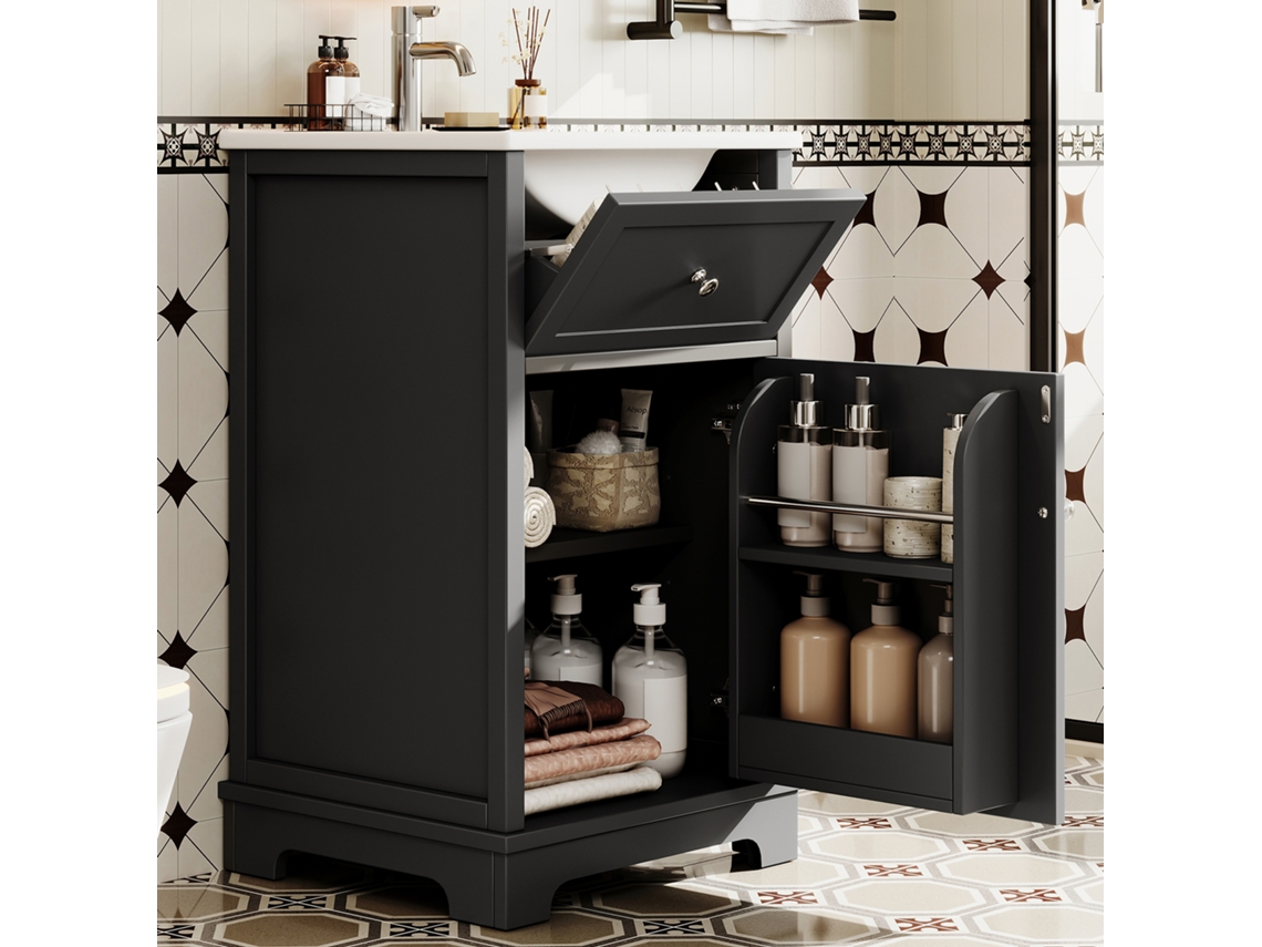 Móvel Banheiro Mdf Laqueado Gaveta Prateleiras Preto VELTRIX