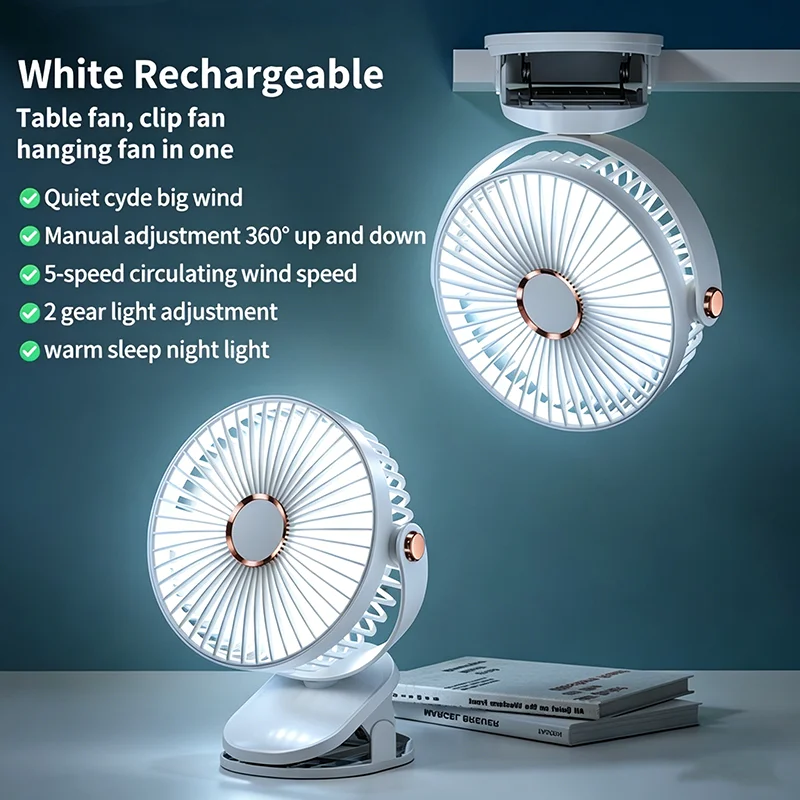 (branco) Novo Mini Ventilador Portátil 3 Em 1 Com Clip, Ventilador Elétrico Recarregável Sem Fio Com Luz Led
