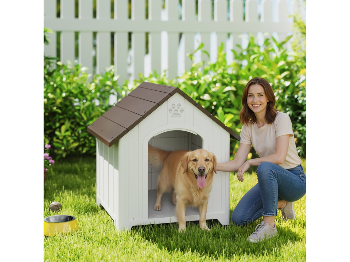 Casinha De Cachorro Externa, Impermeável, Em Polipropileno, Ventilada, Com Piso Elevado, Cinza Claro.