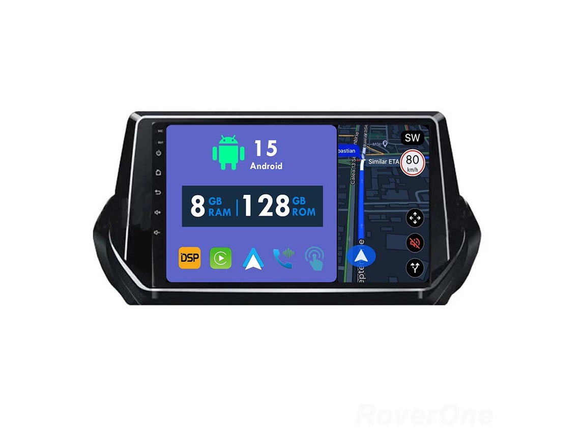 Auto Rádio Carro Bluetooth Autoradio 8GB RAM 128G ROM CarPlay Navegação GPS Ecrã Táctil RoverOne para Peugeot 2008 208 2019-2022  