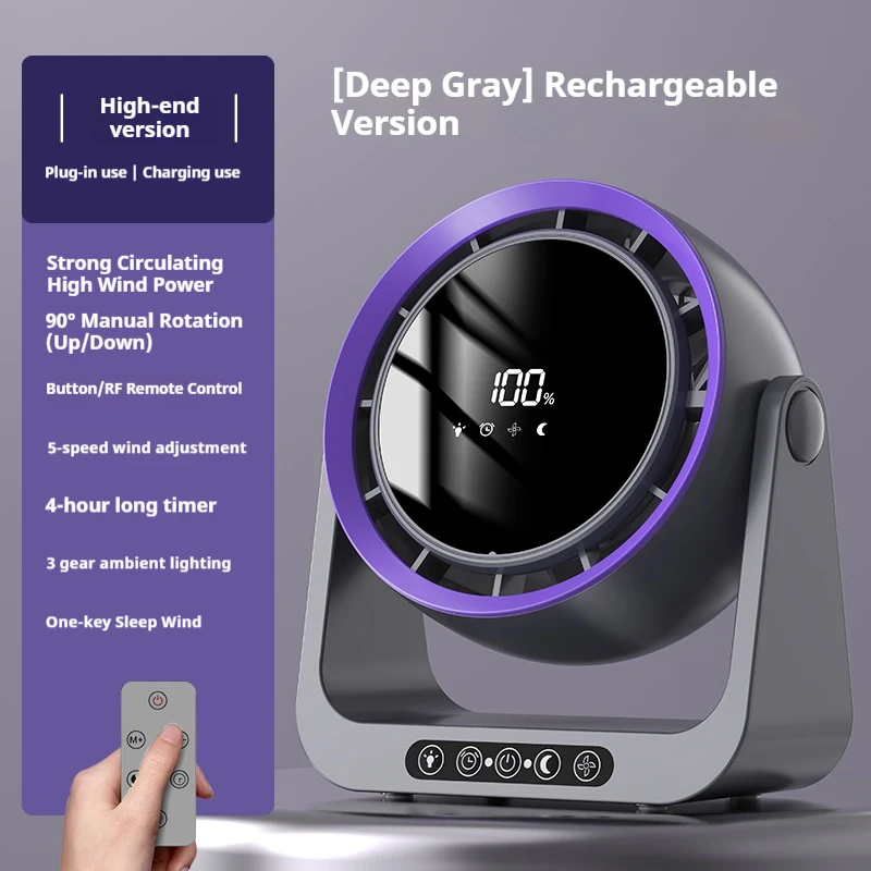 Ventilador De Mesa Com Circulação De Ar, Mini Ventilador De Mesa Recarregável, Com Controle Remoto E Luz Noturna.