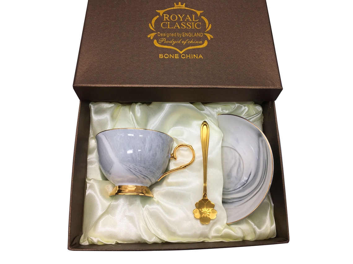 Conjunto de Chávena e Pires 210Ml Chávena de Café Expresso em Mármore Porcelana com Detalhes em Dourado. RNEMITERY