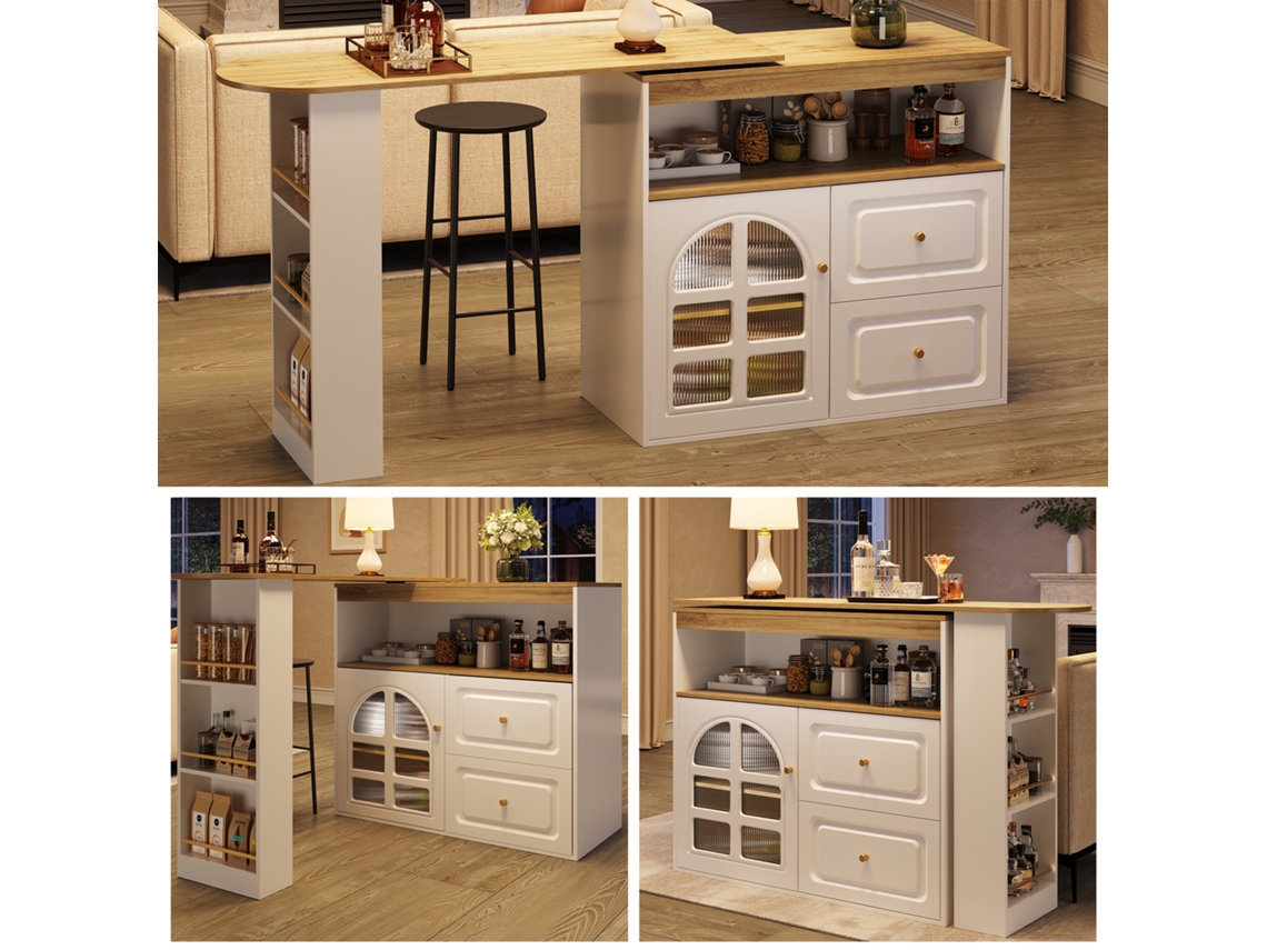 Mesa De Bar Giratória 360° - 2 Gavetas, Prateleira Para Snacks, Compartimento Aberto, Com Prateleiras E Vidro Curvo - Branco