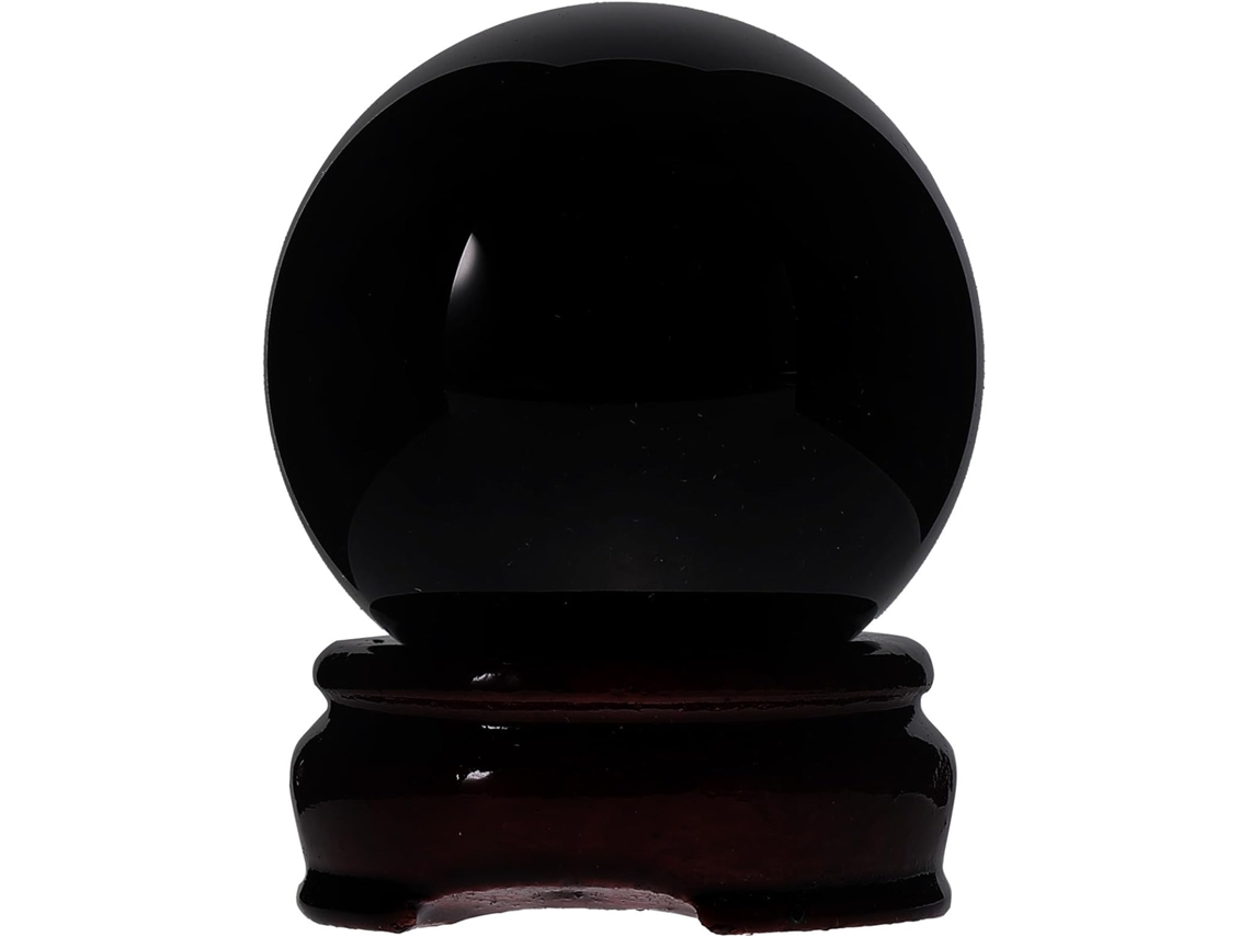 Esfera Decorativa GOKOCO de Cristal de Obsidiana com Suporte de Madeira para Mesa, Esfera Preta Natural (sem dimensões)