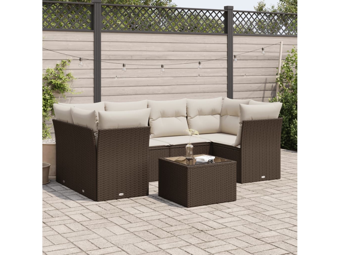 Vidaxl 7 Pcs Conjunto De Sofás Jardim C/ Almofadões Vime Pe Castanho
