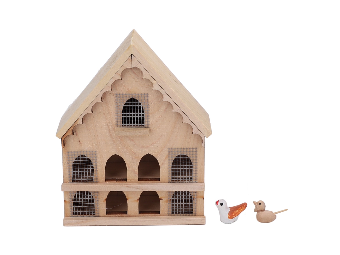 Mali casa de Pássaro Miniatura de Madeira 1:12 para Casinha de Bonecas com 2 Pássaros e Adesivo