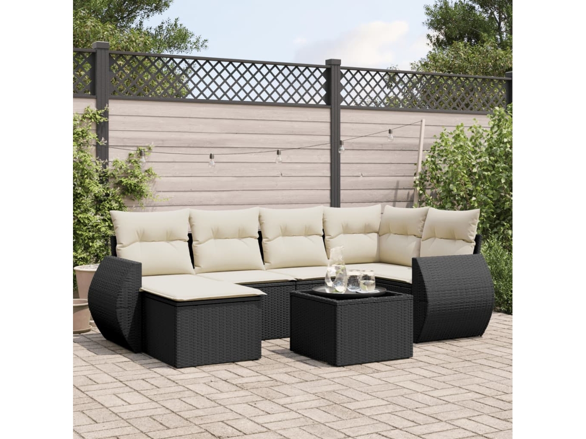 Vidaxl 7 Pcs Conjunto De Sofás P/ Jardim C/ Almofadões Vime Pe Preto